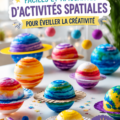 Un enfant en train de créer un vaisseau spatial en carton avec des accessoires colorés dans un cadre amusant.