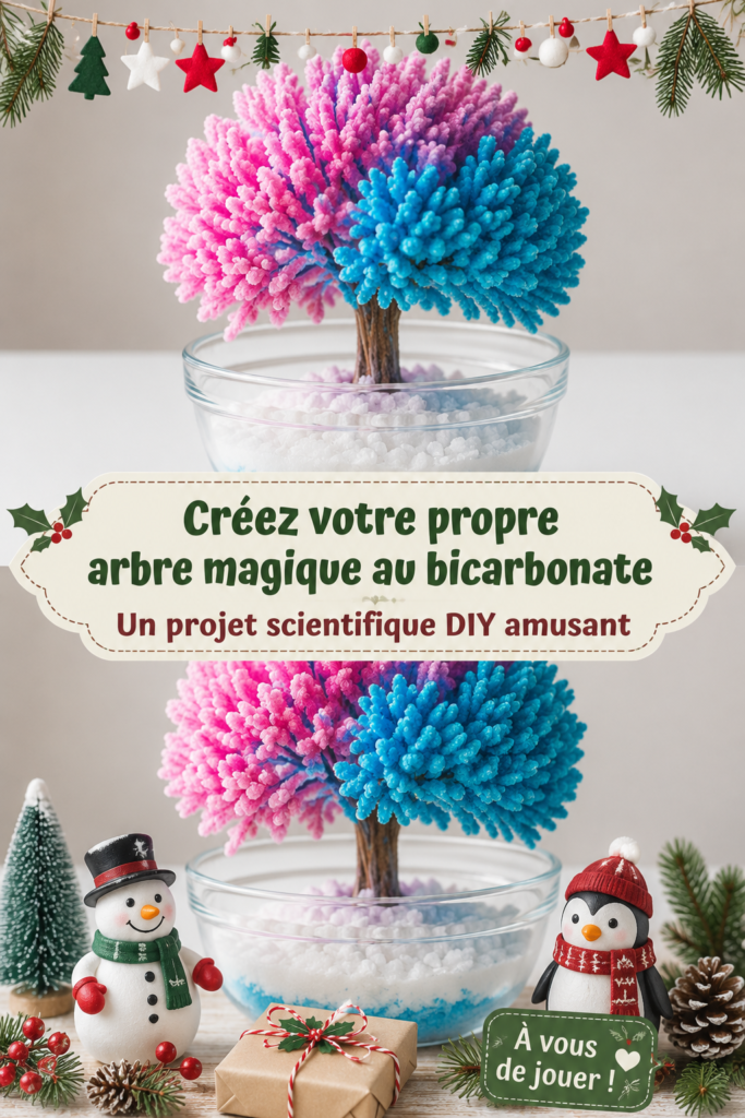 Un arbre créé avec du bicarbonate de soude et colorant, en train de grandir.