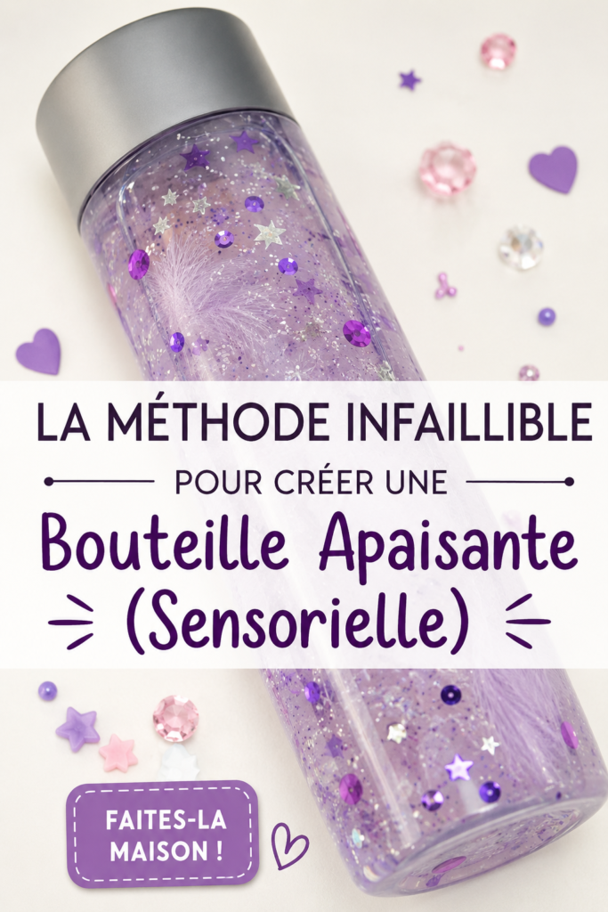 Une bouteille apaisante remplie de paillettes et d'eau colorée sur une table.