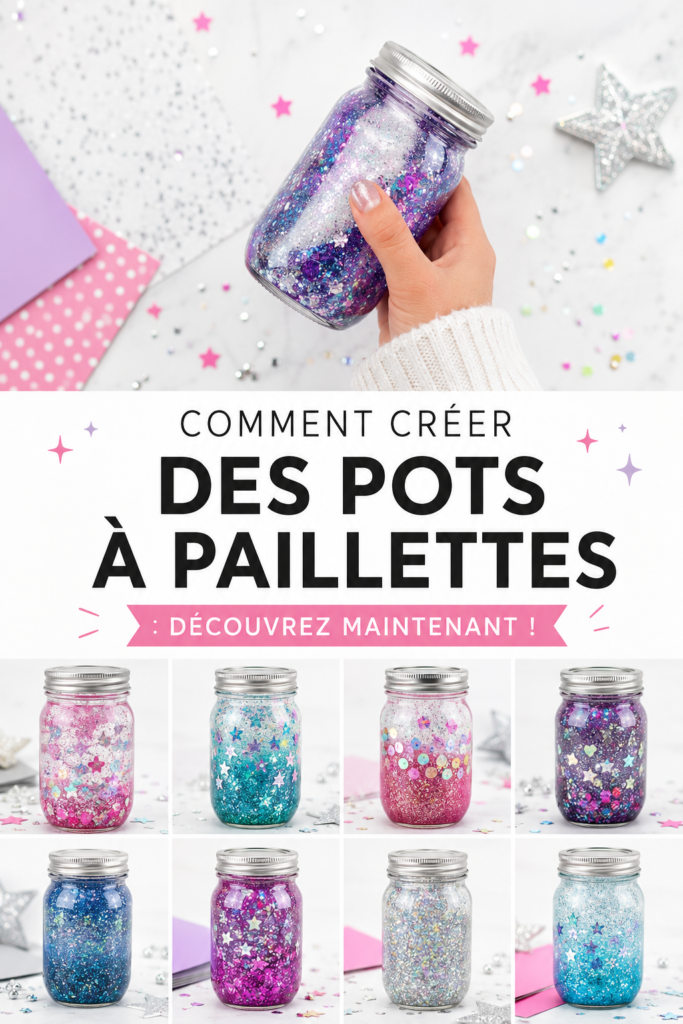 Bocaux scintillants colorés sur une table en bois, ajoutant une touche de magie à la décoration.