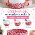 Un bol coloré rempli de confettis sur une table décorée