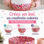 Un bol coloré rempli de confettis sur une table décorée
