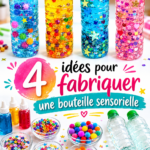 Bouteille sensorielle colorée faite maison avec des paillettes et des perles