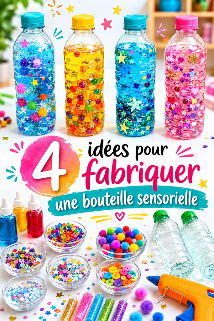 Bouteille sensorielle colorée faite maison avec des paillettes et des perles