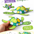 Image d'une tortue en papier colorée sans colle, réalisée par des enfants.