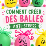 Une maman et son enfant en train de fabriquer une balle anti-stress avec des matériaux colorés.