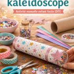 Deux enfants fabriquant un kaléidoscope coloré ensemble.
