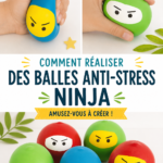 Des balles anti-stress ninja colorées posées sur une table en bois.