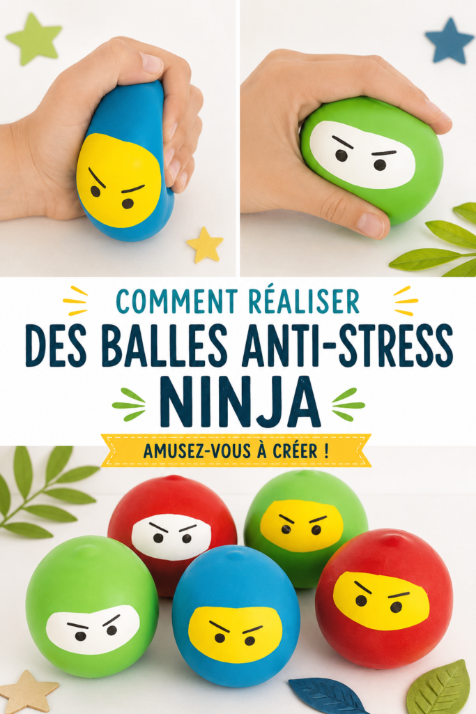 Des balles anti-stress ninja colorées posées sur une table en bois.