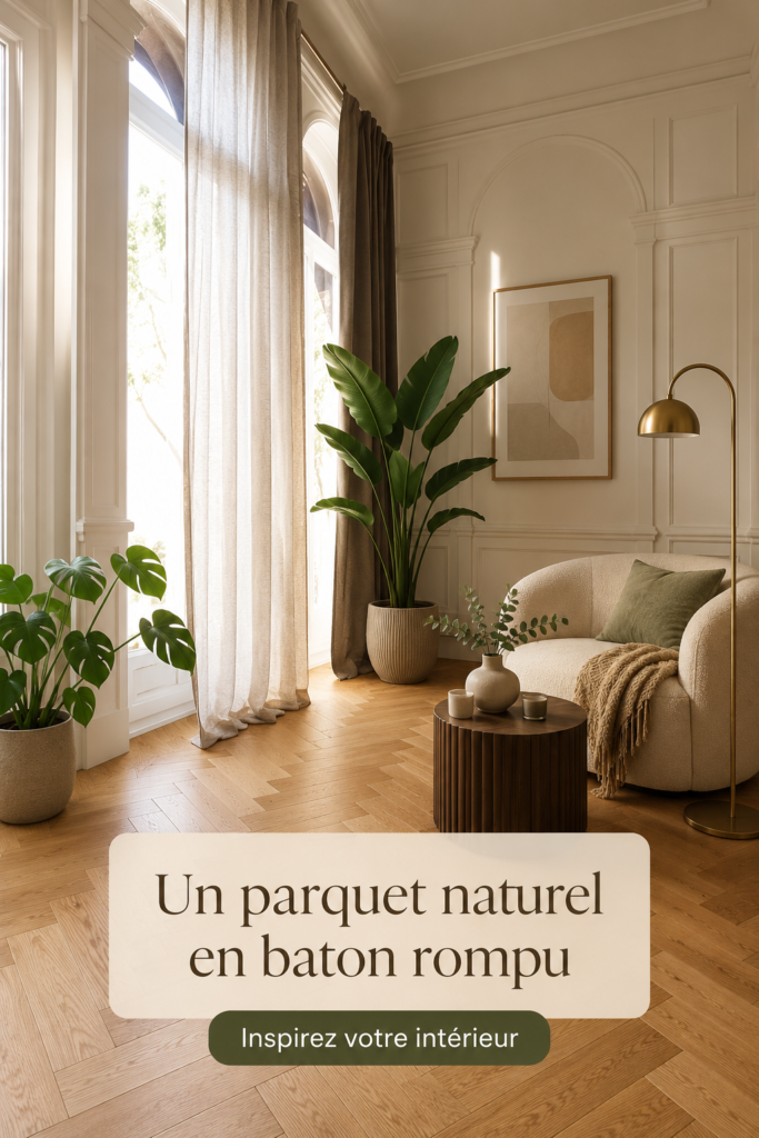 Salon chaleureux avec parquet en bâton rompu naturel