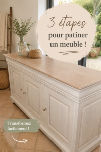 Un meuble patiné dans des tons pastel, montrant une technique de décoration moderne.