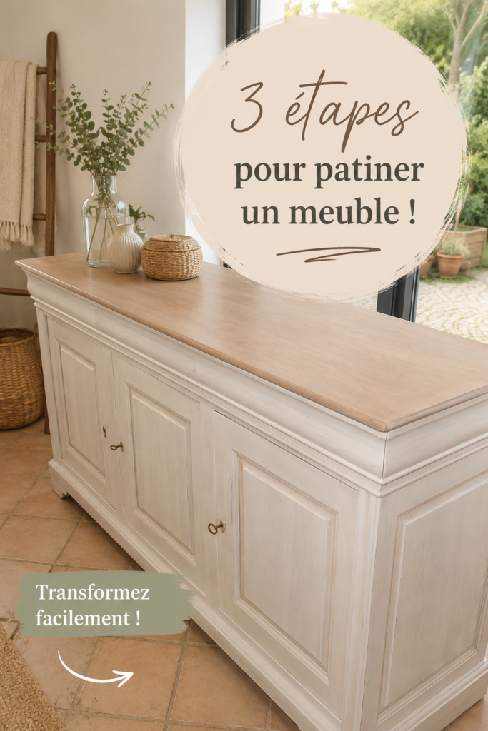 Un meuble patiné dans des tons pastel, montrant une technique de décoration moderne.