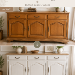 Un meuble en bois relooké avec une patine élégante, mettant en valeur un style vintage.