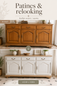 Un meuble en bois relooké avec une patine élégante, mettant en valeur un style vintage.