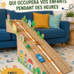Une rampe de voiture DIY colorée fabriquée avec des matériaux simples, prête à être utilisée par des enfants.