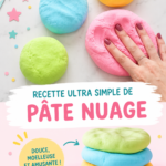 Pâte nuage colorée étalée sur une table, prête à être utilisée par des enfants