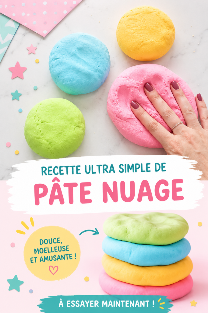 Pâte nuage colorée étalée sur une table, prête à être utilisée par des enfants