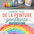 Peinture gonflante colorée étalée sur une toile avec des outils de peinture.