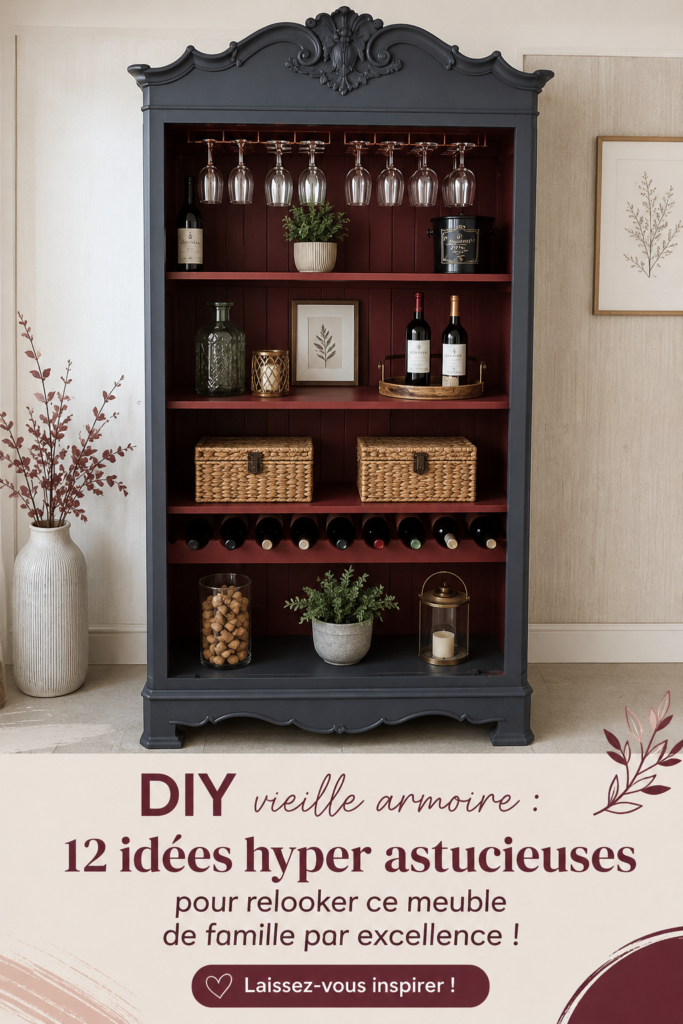 Armoire ancienne relookée avec de la peinture colorée et des poignées modernes