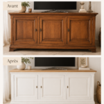 Un meuble avant et après transformation avec une nouvelle peinture et de la décoration.