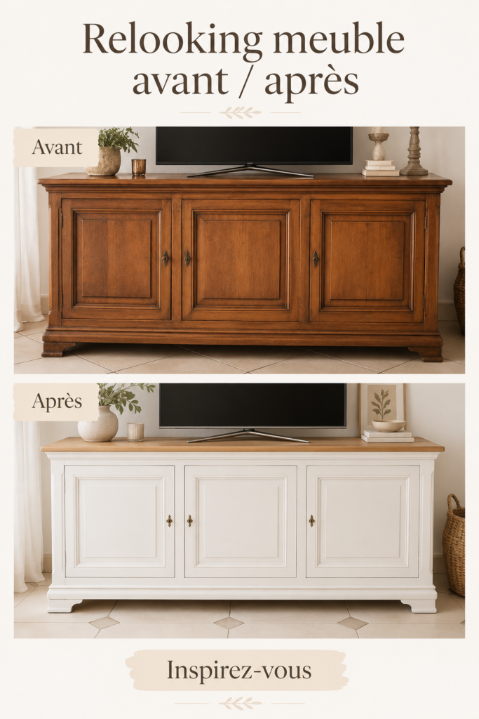 Un meuble avant et après transformation avec une nouvelle peinture et de la décoration.