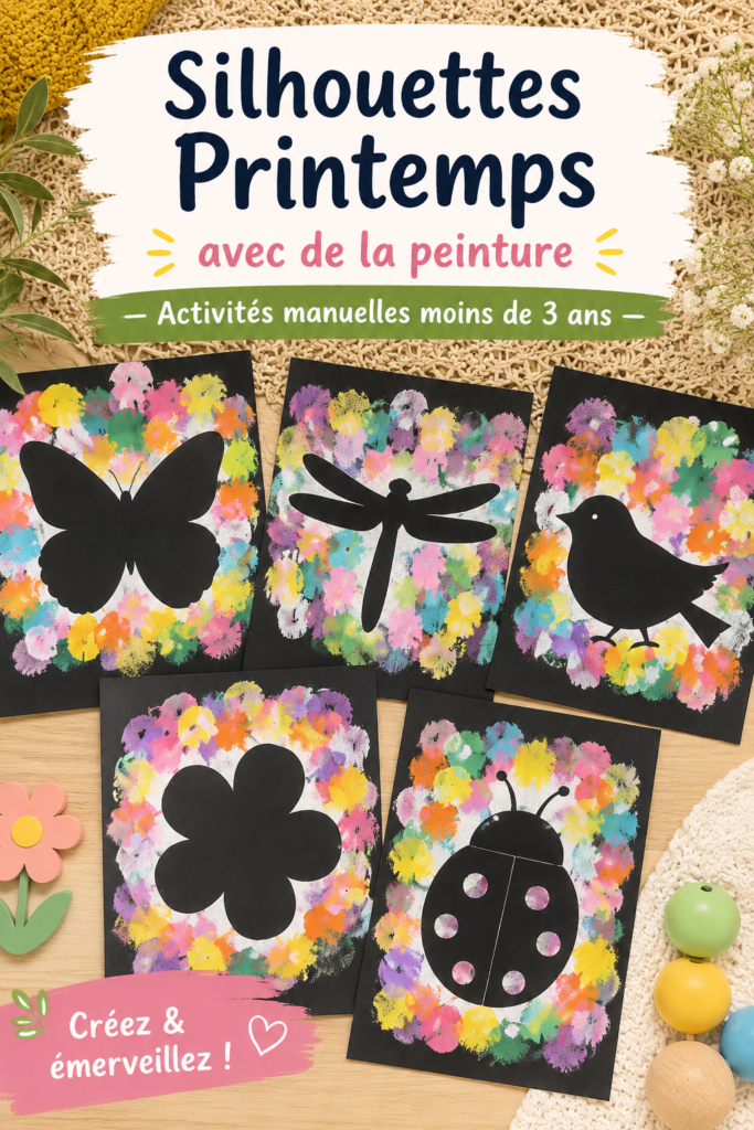 Un enfant s'amusant à peindre des silhouettes printanières avec des couleurs vives.