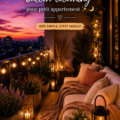 Balcon aménagé avec des coussins confortables et des lumières douces, créant une ambiance cosy pour les soirées.