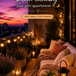 Balcon aménagé avec des coussins confortables et des lumières douces, créant une ambiance cosy pour les soirées.