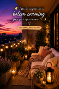 Balcon aménagé avec des coussins confortables et des lumières douces, créant une ambiance cosy pour les soirées.