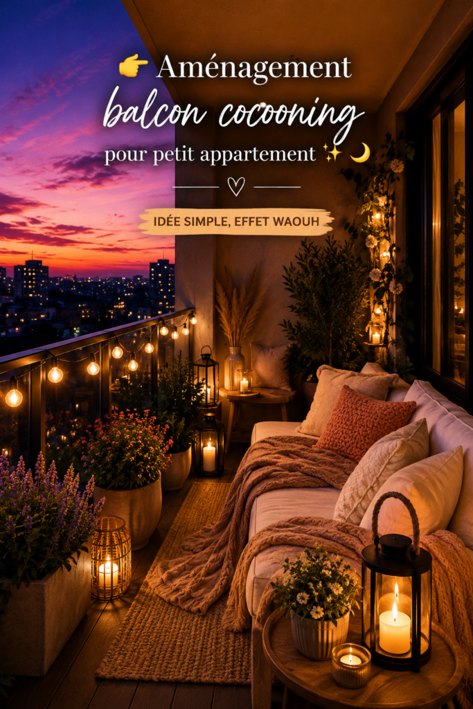 Balcon aménagé avec des coussins confortables et des lumières douces, créant une ambiance cosy pour les soirées.