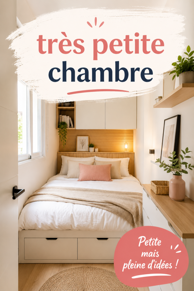 Aménagement d'une très petite chambre avec des couleurs claires et des rangements intelligents.