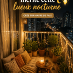 Balcon illuminé avec des guirlandes lumineuses créant une ambiance chaleureuse.