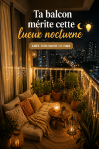 Balcon illuminé avec des guirlandes lumineuses créant une ambiance chaleureuse.