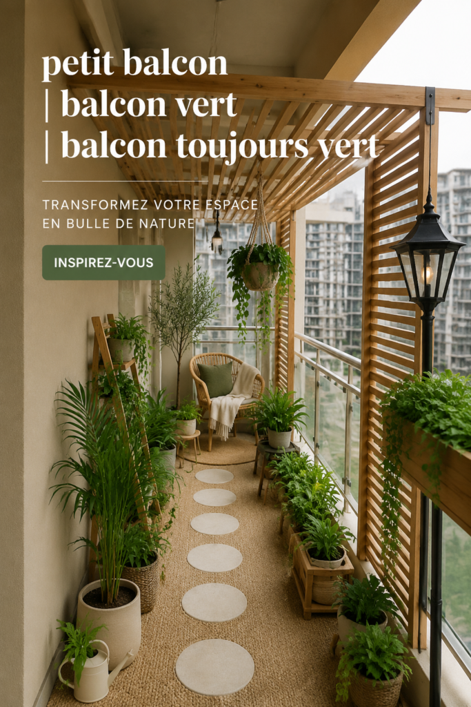 Un petit balcon verdoyant avec diverses plantes en pot disposées de manière esthétique.
