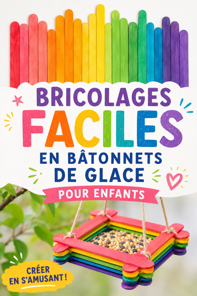 Bricolages colorés réalisés avec des bâtonnets glacés par des enfants