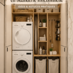 Un coin buanderie organisé avec des étagères et des paniers en osier.