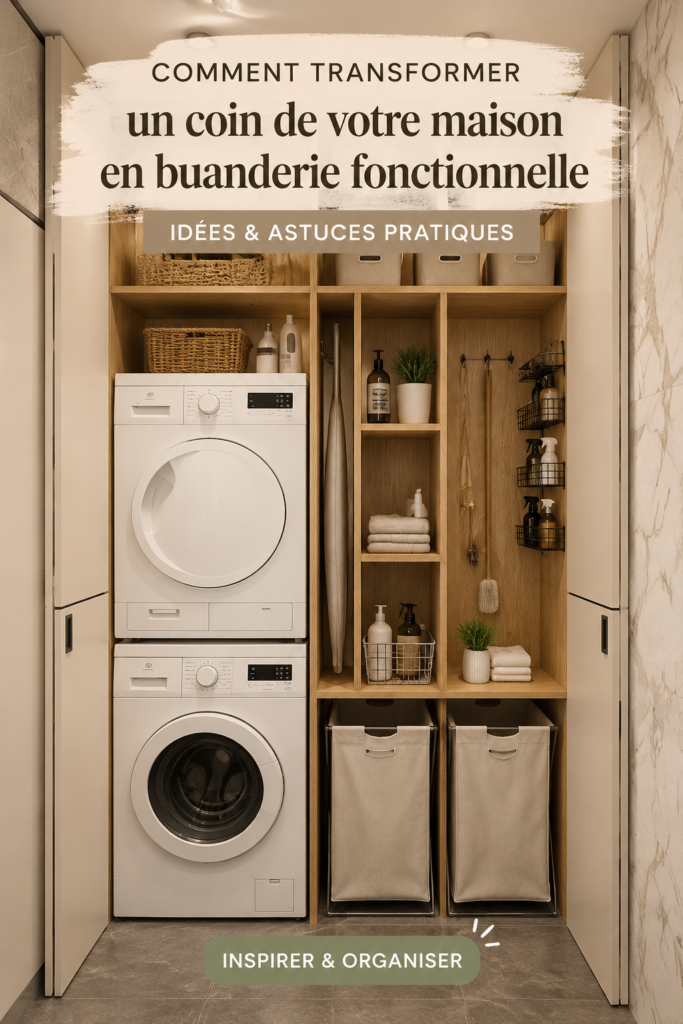 Un coin buanderie organisé avec des étagères et des paniers en osier.