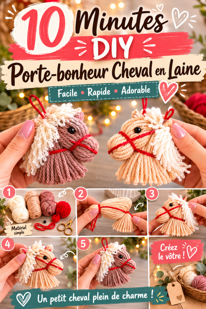 Charm en laine en forme de cheval sur un fond coloré, réalisé en 10 minutes.