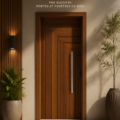 Une belle porte d'entrée en bois moderne qui embellit la façade d'une maison.