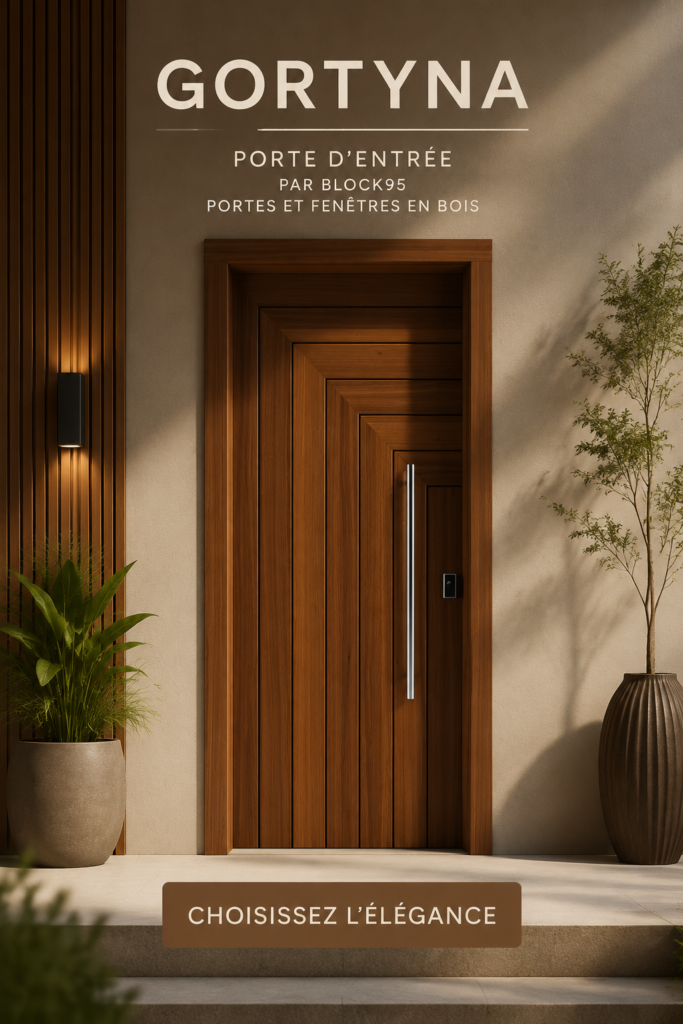 Une belle porte d'entrée en bois moderne qui embellit la façade d'une maison.