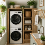 Un espace buanderie chic avec des plantes vertes et un décor épuré.
