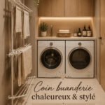 Espace buanderie cosy avec machine à laver et décoration chaleureuse