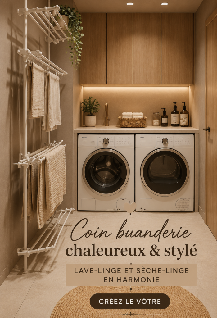 Espace buanderie cosy avec machine à laver et décoration chaleureuse