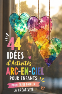 Une table avec des fournitures de bricolage colorées pour des activités autour de l'arc-en-ciel.