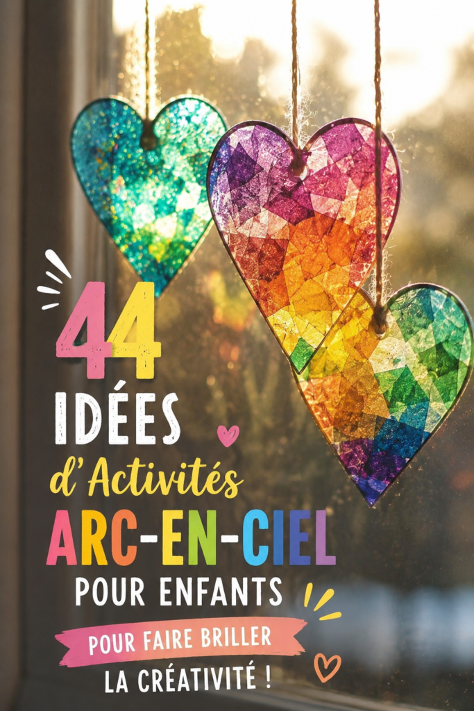 Une table avec des fournitures de bricolage colorées pour des activités autour de l'arc-en-ciel.