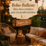 Balcon boho décoré avec des coussins colorés et des plantes vertes