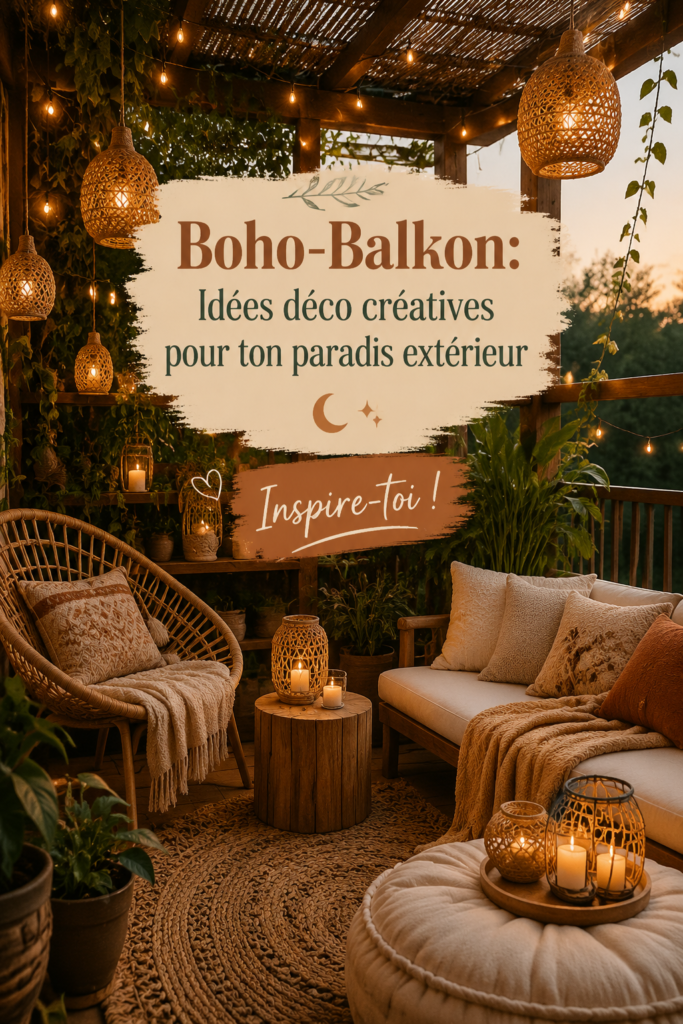 Balcon boho décoré avec des coussins colorés et des plantes vertes