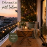 Un petit balcon aménagé avec des plantes vertes et des meubles confortables.