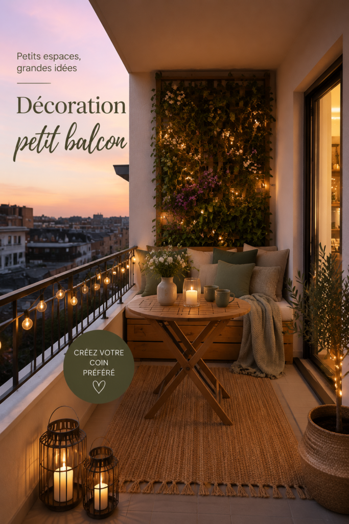 Un petit balcon aménagé avec des plantes vertes et des meubles confortables.