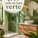 Salle de bain décorée en vert avec des plantes et des accessoires en harmonie